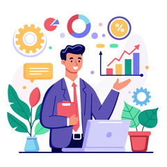 Poster - A sales manager stands in a bright office, reviewing customer insights on a laptop. Charts and graphs illustrate data, while plants decorate the workspace, creating a productive atmosphere