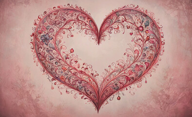 Poster - A heart with flowers and vines is painted on a pink background. The heart is surrounded by a lot of flowers and vines, giving it a very intricate and detailed appearance. Scene is one of love and