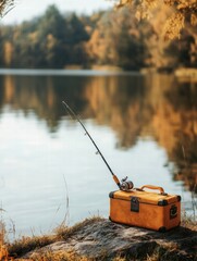 Poster - Fishing equipment rests by a serene lake under autumn foliage in the early morning light. Generative AI