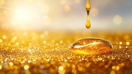 Wall Mural - close-up of golden droplet falling into glittering gold particles