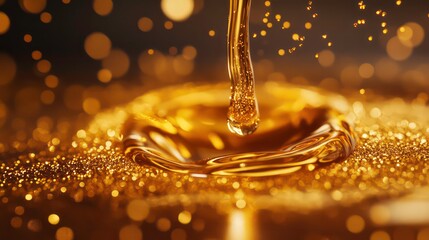 Wall Mural - close-up of golden droplet falling into glittering gold particles