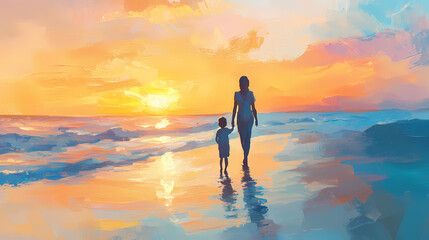 Poster - Oil painting mother and child walking on the beach at sunset. impressionism. Tranquil Beach Horizon. Illustration