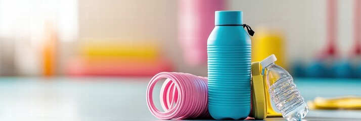 Poster - Colorful fitness accessories arranged on a gym floor with hydration essentials and equipment in a bright environment. Generative AI