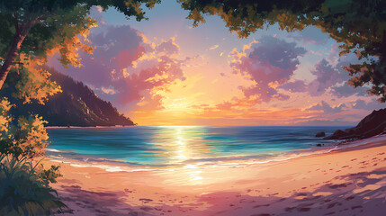 Poster - Tranquil beach scene: capture a tranquil beach scene with clear waters, sandy shores, and a stunning sunset,. Tranquil Beach Horizon. Illustration