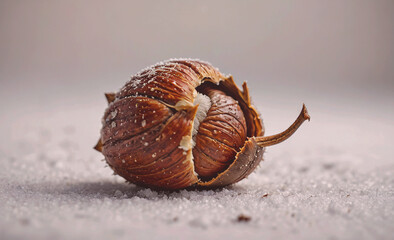 Poster - A nut is sitting on a white surface with a sprinkle of sugar on it. The nut is open and has a leaf sticking out of it. The image has a simple and natural feel to it, with the nut and leaf being the