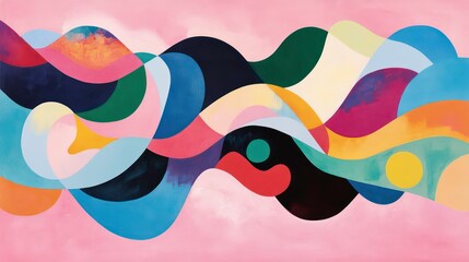 Poster - Colorful abstract shapes flowing and intertwining on pink background