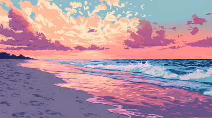 Poster - A serene beach scene at sunset with colorful skies and gentle waves lapping the shore. Tranquil Beach Horizon. Illustration