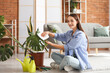 © Pixel-Shot - Young woman cleaning dust from leaves of houseplant at home