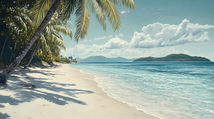 Poster - A tranquil beach scene with palm trees swaying gently in the breeze, crystal-clear waters lapping at the shore, and a distant island on the horizon. Tranquil Beach Horizon. Illustration