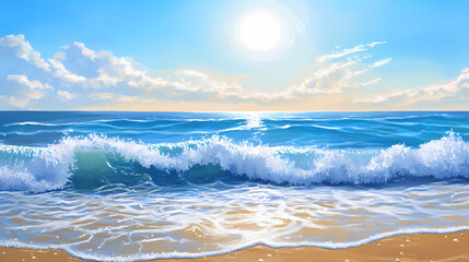 Poster - A tranquil ocean scene featuring a serene blue horizon and gentle waves under a bright sun. Tranquil Beach Horizon. Illustration