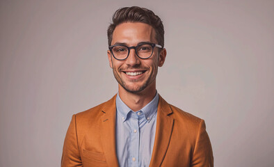 Poster - A man in a suit and glasses is smiling. He is wearing a yellow jacket and blue shirt