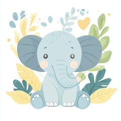 cute baby elephant sitting amidst tropical leaves; perfect for children's books or cards