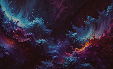 Poster - A colorful, abstract painting of a wave with a splash of orange and blue. The painting is full of energy and movement, with the colors blending together to create a sense of depth and dimension
