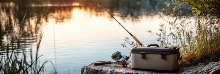 Aufkleber - Fishing gear and tackle box placed near tranquil lake during sunset. Generative AI