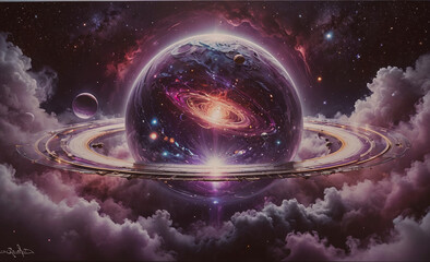 Poster - a colorful space scene with a large planet in the center and two smaller planets in the background. 