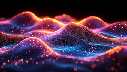 Poster - A modern tech-themed abstract background featuring gradient waves of blue and pink, along with vibrant dynamic light trails in neon pink and blue