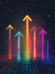 Aufkleber - Colorful digital arrows illuminating data trends in a futuristic environment with vibrant lights and geometric patterns. Generative AI