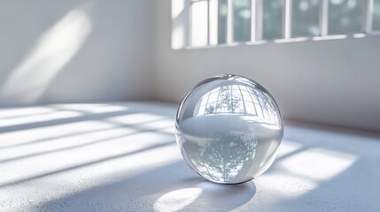 Poster - Glass sphere reflecting sunlight in minimalist room.