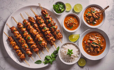 Aufkleber - A plate of food with a variety of dishes including rice, soup, and meat. The plate is set on a white table