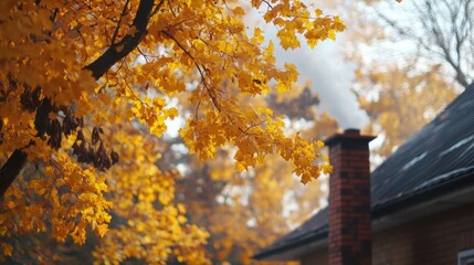 Aufkleber - Autumn leaves surround a cozy cabin with smoke rising from the chimney in a serene countryside setting. Generative AI
