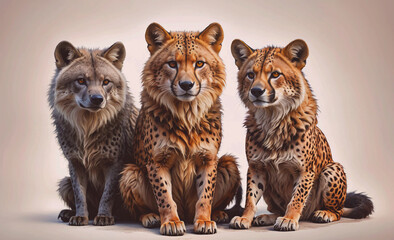 Poster - Three cats are sitting in a row, one of which is a cheetah. The cats are all sitting on a white background