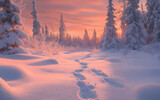 Winter Wonderland: Footprints in the Snow at Sunset