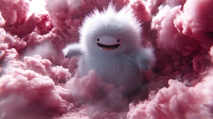 Wall Mural - Fluffy creature in a cloud of pink smoke.