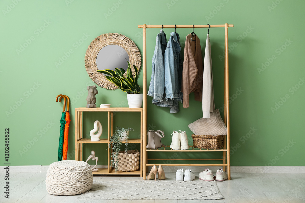 Rack with stylish clothes and mirror in interior of hallway