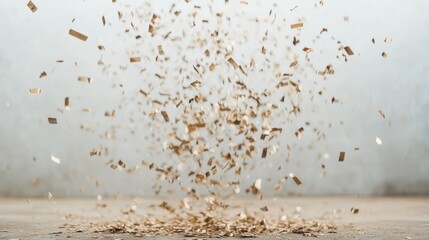 Wall Mural - gold confetti falling on grey background.