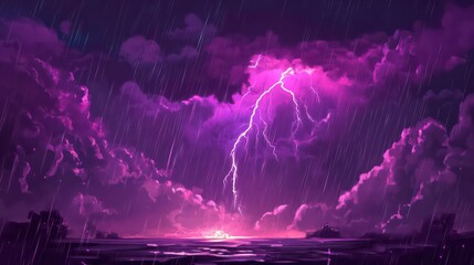 Wall Mural - purple lightning storm over dark ocean at sunset.