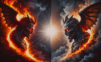 Poster - Two demonic looking figures with one of them having a sun in the background. The other figure has a fire in the background