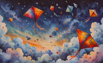 Poster - a painting of kites flying in the sky with a blue background. the kites are of different colors and 