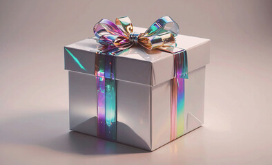Poster - A white box with a rainbow ribbon tied around it. The box is sitting on a white surface