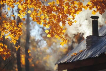 Poster - Smoky chimney rises amidst vibrant autumn leaves in a forest setting during golden hour. Generative AI