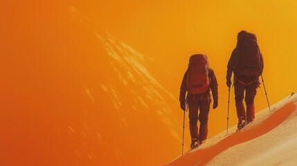 Two hikers ascend a snow-covered mountain peak, silhouetted against a vibrant orange sunset.  A journey of teamwork and resilience.