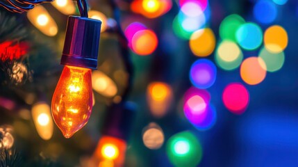 Canvas Print - close-up of a warm-toned light bulb on a string of colorful christmas lights with bokeh effect in th