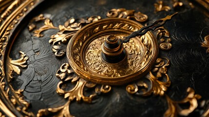 Fototapete - Intricate clock mechanism showcasing ornate golden embellishments and antique craftsmanship in close up view. Generative AI