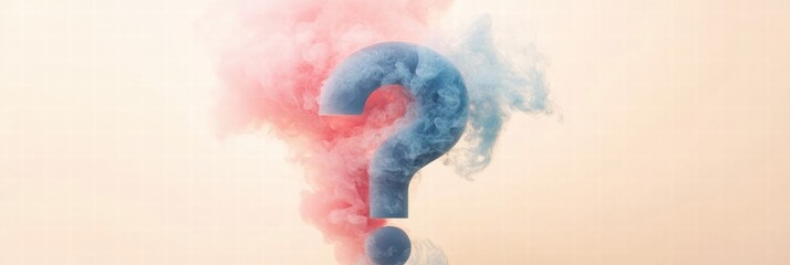 Poster - Clouds of pink and blue smoke blend into a large question mark shape against a soft background. Generative AI