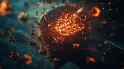 Poster - Abstract depiction of a human head with glowing brain and gears in a dark space