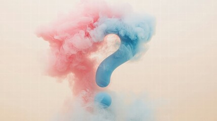 Poster - Clouds of pink and blue smoke creating a question mark shape in the clear sky at dusk. Generative AI