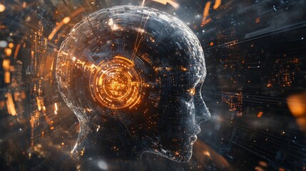 Poster - Abstract depiction of a human head with digital circuits and bright orange light emitting from it