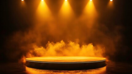 Wall Mural - free stage with lights and smoke, empty stage with gold yellow spotlights, conser, show, party, pres