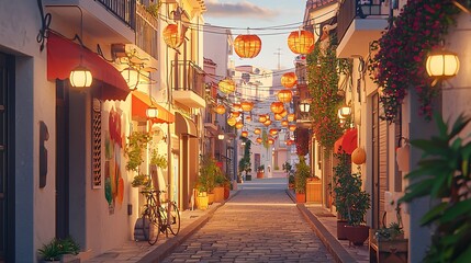 Canvas Print - Charming Mediterranean Street Scene At Sunset