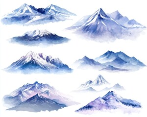 isolated on a white background, a watercolor landscape with blue mountain peaks, fir trees, and a pi