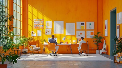 Poster - Two Men Working Together In A Vibrant Orange Office Space