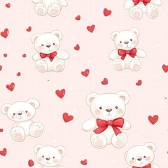 Leinwandbilder - Cute teddy bears with red bows and hearts on a pink background for festive decor ideas. Generative AI