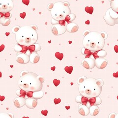 Poster - Cute teddy bear pattern with hearts on a soft pink background creating a cozy atmosphere for a childs room or nursery. Generative AI