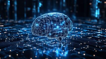 Poster - Futuristic dark blue AI technology background with circuit patterns and digital data flow