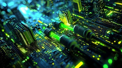 Poster - Futuristic Circuit Board With Glowing Green Components