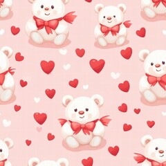 Aufkleber - Cute white teddy bears with red ribbons surrounded by red hearts on a soft pink background perfect for children’s decor. Generative AI